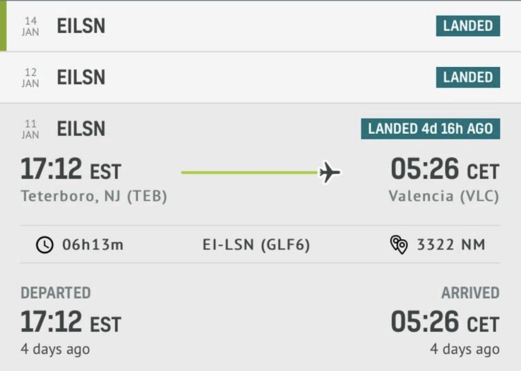 General Kagame’s aircraft EI-LSN landings on 11–14 January 2020.