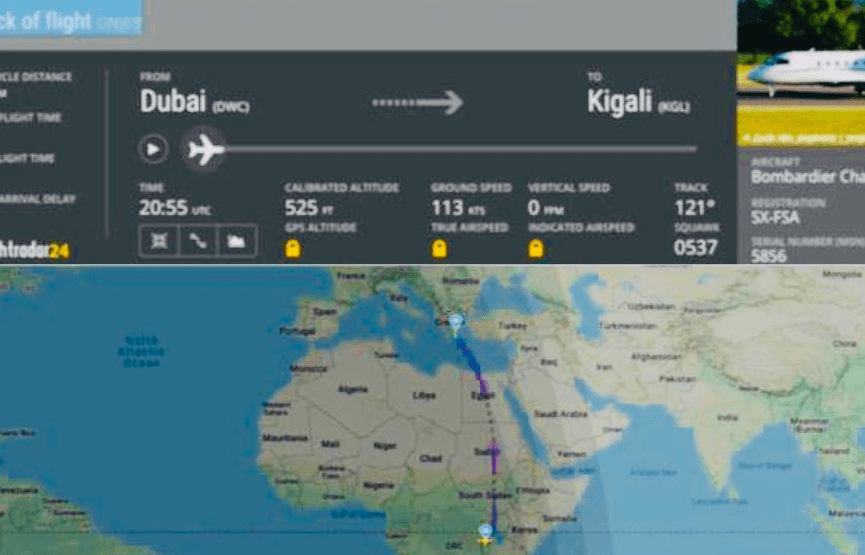 Bombardier Challenger 605 (SX-FSA) is the aircraft that flew Paul Rusesabagina from Dubai to Kigali