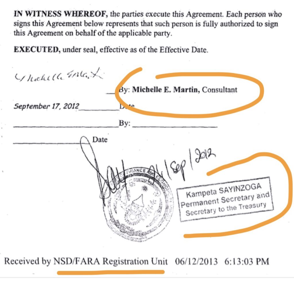 The signed contract between Professor Michelle Martin and Kampeta Sayinzoga, then the Permanent Secretary, Ministry of Finance and Economic Planning.